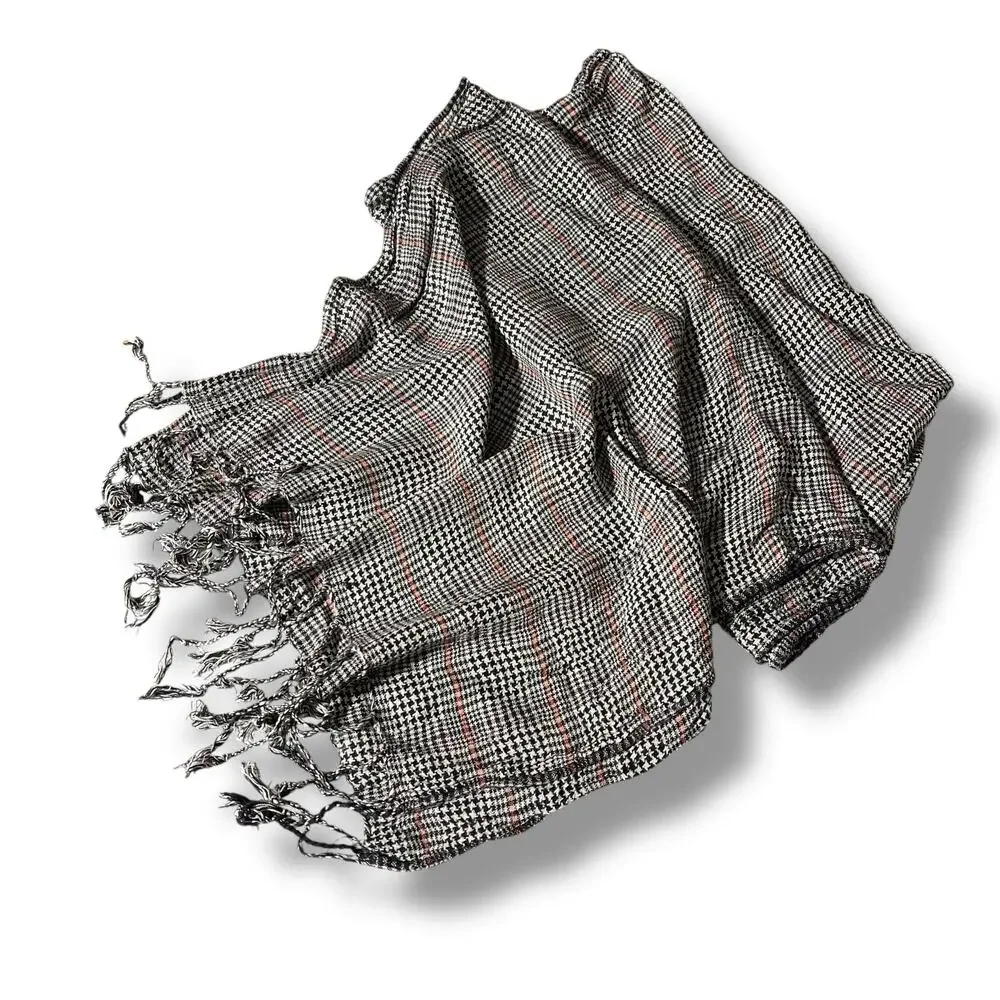Womens Plaid Scarf Wrap with Fringe Black White and Red Rectangle Lightweight